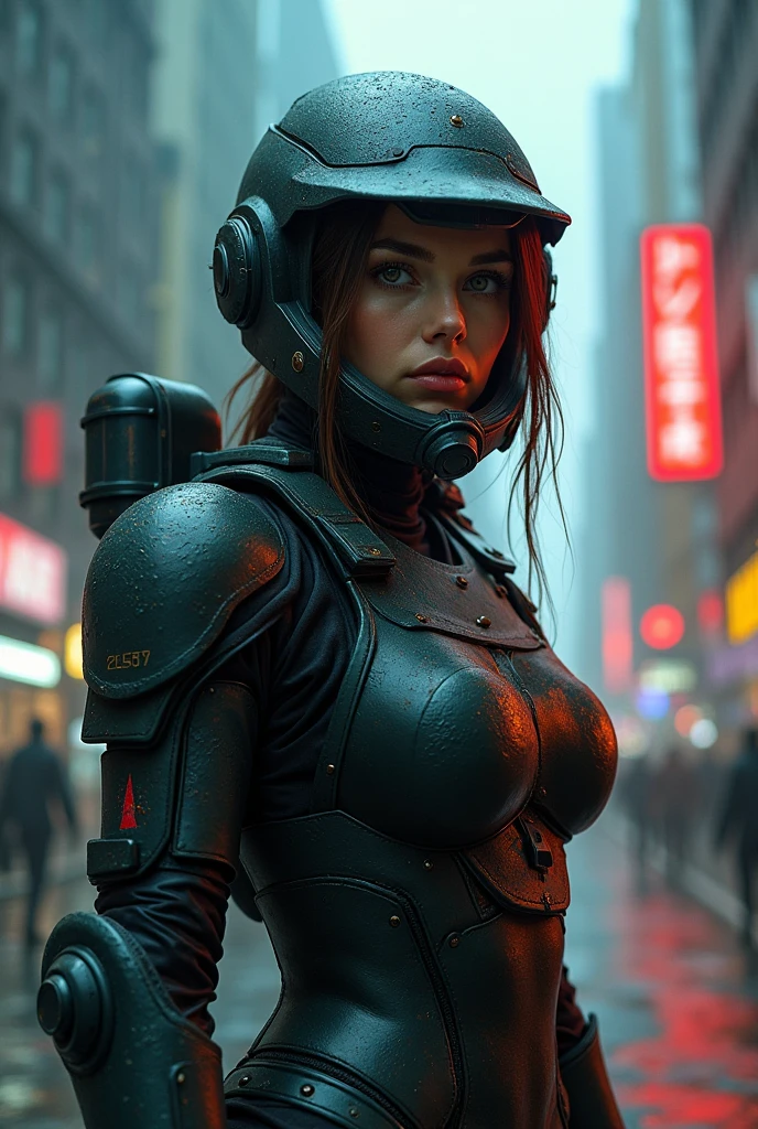 Raw photo of a young woman standing in the middle of a cyberpunk city, (modern futuristic city:1.3), (View the viewer:1.2), Skin Texture, NCR-Ranger Armor, Liquid Closed Helmet, Upper Body, Cinematography