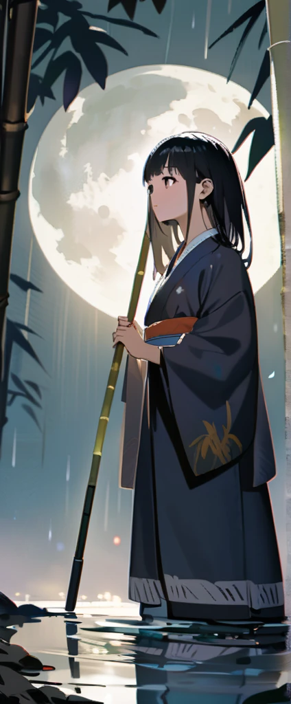 dynamic ink painting of a bamboo grove of japan, great art, great sense of depth, ground level shot, the most beautiful bamboo grove in the world, bamboo leaves shining through rainwater, moon\(pale blue\) with a light overcast,solo, beautiful 1girl\(ancient Japanese noble, beautiful kimono, beautiful long black hair\) looking up at the moon holding an umbrella,raining softly, fireflies flying around, bamboo leaves are placed three-dimensionally in the foreground, long shot,colorless,full body