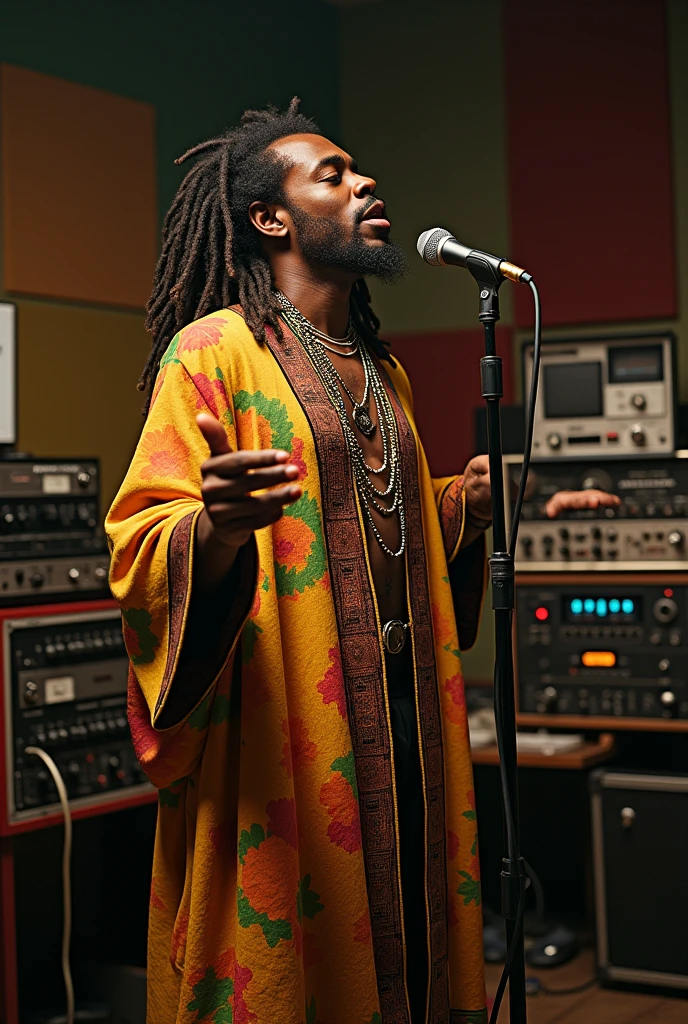 1960s Jamaican Rastafarian with microphone in hand in a recording studio