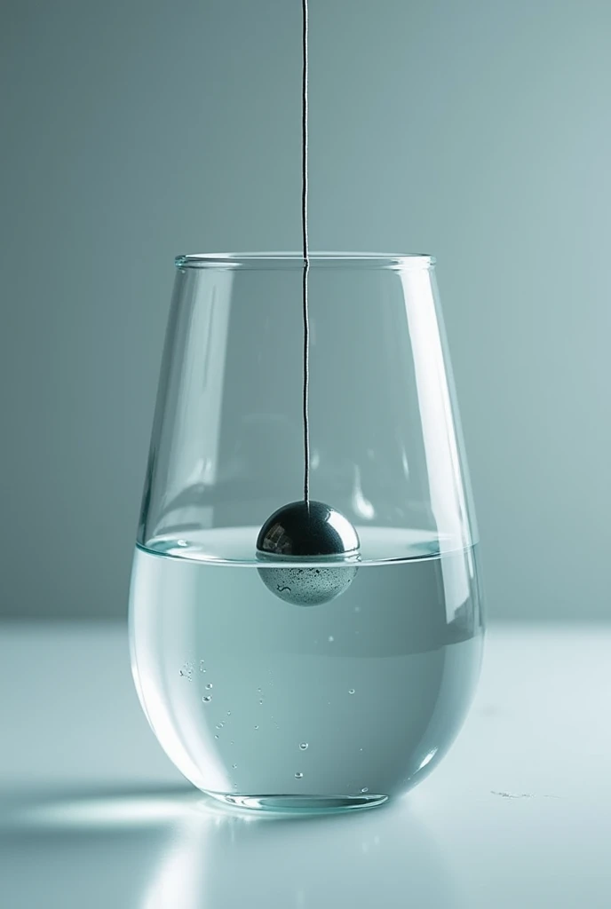 A steel ball hanging from a thread that is completely inside a chemical glass with water without water particles or splashes