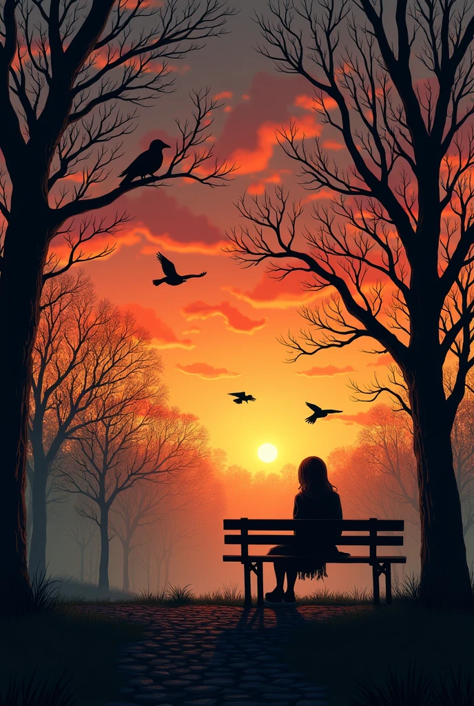 landscape of a park at sunset with crows in the trees and a sinister girl on a bench