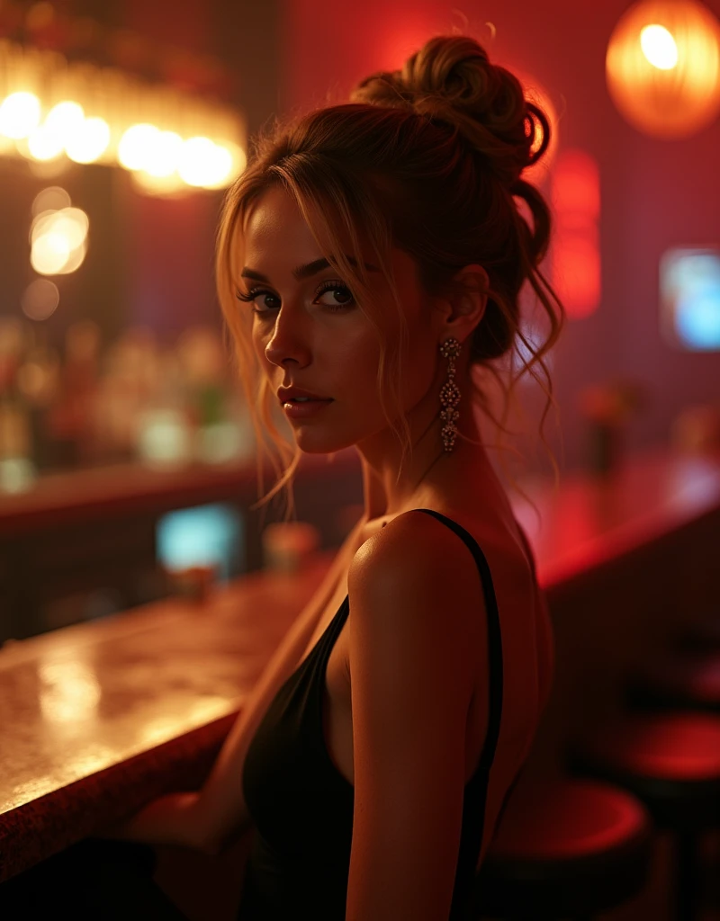 portrait photo of BrittBaker beautiful woman hair updo upsweep nightclub sitting at bar (masterpiece) (best quality) (detailed) (8k) (HDR) (wallpaper) (cinematic lighting) (sharp focus) (intricate) Unparalleled men with barbecue theme on the grill , insane special roast meat cuts , two people , de avental preto , gloves and caps , two male friends in 3D drawing , one of the two chubby brothers , a little less realistic , feed the barbecue , and put pineapple and peppers , lots of embers and fire more meat more meat more meat