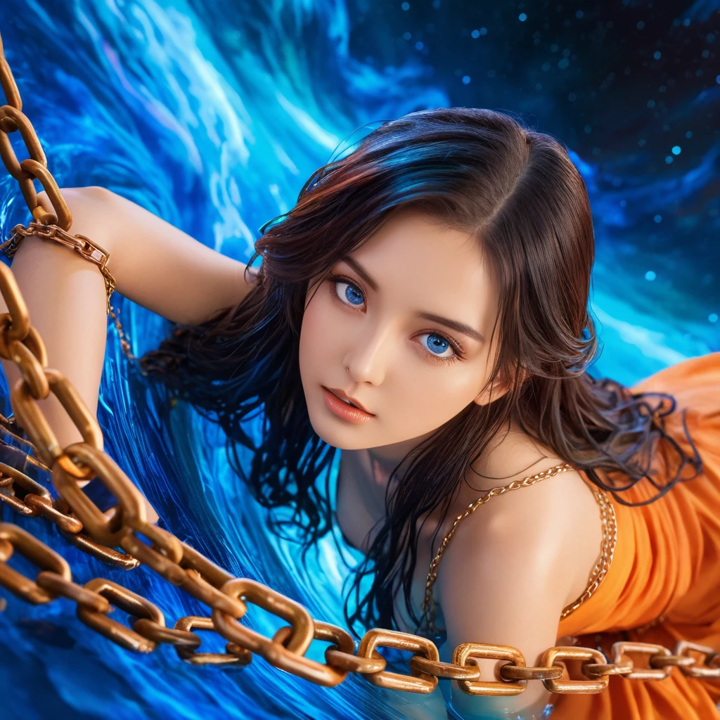 In a majestic 8K masterpiece, a breathtakingly beautiful face with piercing eyes and luscious locks gazes up at the swirling, colorful waters. Chains entwined around her delicate wrists seem to shimmer in harmony with the mesmerizing nebula above, its bright orange and blue hues dancing across the surface of the liquid. The studio lighting is expertly calibrated to accentuate every detail, from the gentle curves of her features to the intricate textures of the chains. In this anime-style fantasy scene, magic seems to seep from every pore, as if the very essence of the universe has been distilled into this single, sublime moment.