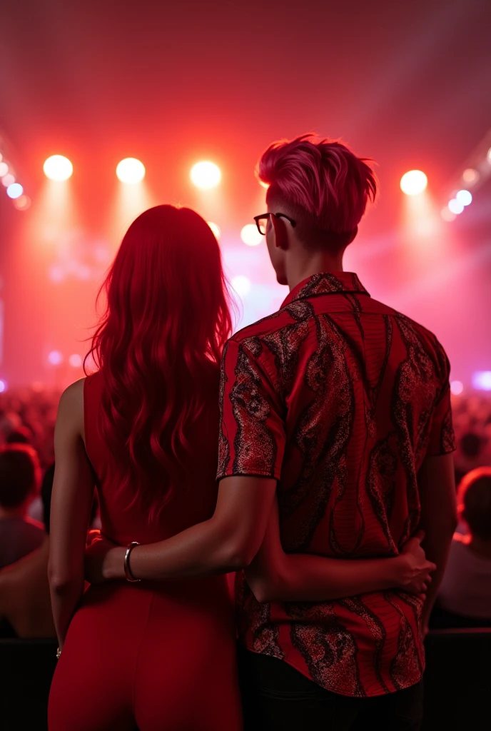 redhead woman with her boyfriend with pink hair parted in the middle a concert stadium with red lights and clothes red dress and him in a red blouse with snake print,the night
