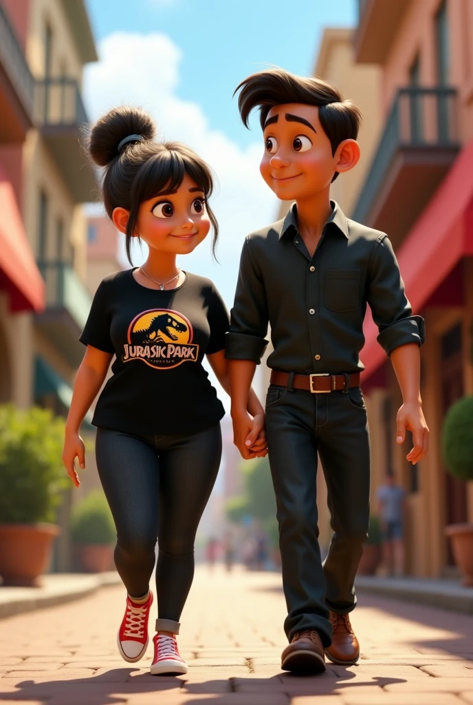 A couple arm in arm.
She is smiling, has a robust build, wide legs, small ears, and a light complexion., wide nose big brown eyes hair in a bun and straight curtain bangs, you wore a black Jurassic Park blouse, black jeans and red converse. He is of slim build, tez morena, wide nose small eyes short dark straight hair small ears wears a formal black button down shirt and black dress pants with brown shoes, protagonists of a Disney Pixar movie digital art. Walking down a street
