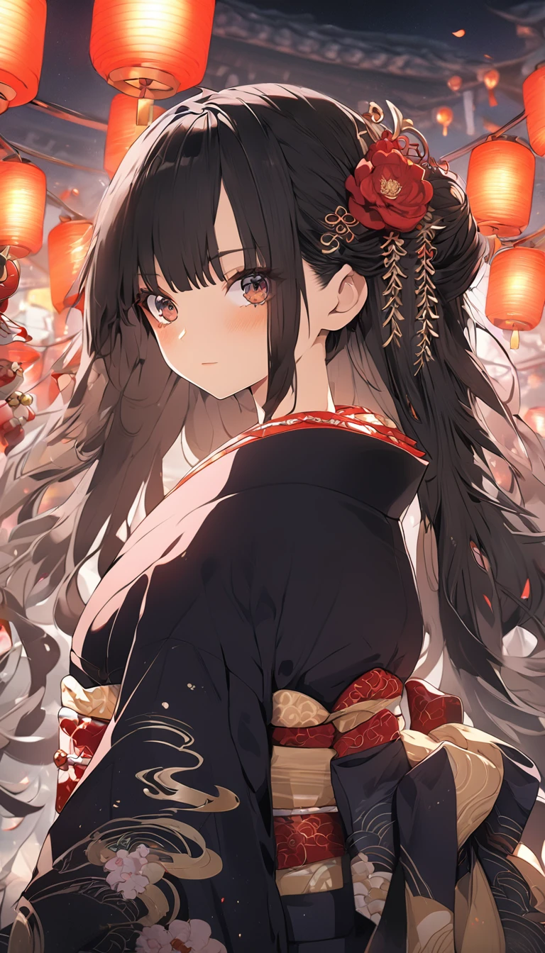 masterpiece, anime girl in kimono, (((kimono with red, gold and black flower details))), (((flower decorations in hair))) red flowers and lanterns, Japanese temple background, (((ornaments and background with red, black and gold details))), anime art wallpaper 4k, anime art wallpaper 8 K, anime style 4k, 4k anime wallpaper, 4k anime wallpaper, guweiz, beautiful animework art, beautiful anime art, beautiful anime girl, long hair, jet black hair, guweiz masterpiece