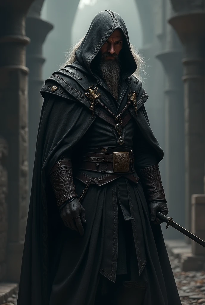 a 40 year old man, with a short stubble beard, long gray hair, wearing a cloak with a cape and hood, holding a rapier. A medieval assassin.