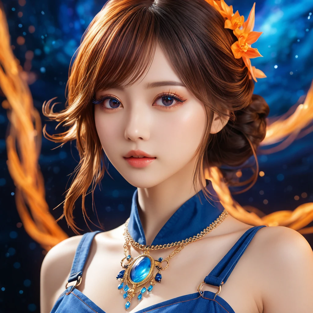 A breathtaking masterpiece! A stunning anime-style wallpaper featuring a serene and enchanting scene. Against a dark blue background, a beautiful face with intricate details and subtle menderita-like makeup gazes directly at the viewer. Chains adorning her neck glint softly under studio lighting, casting a warm glow on her porcelain skin.

In the distance, a majestic nebula swirls in shades of bright orange and blue, its tendrils twisting around an ethereal, watery vortex. The colors are vivid and vibrant, with no compromise on quality - this is an 8K masterpiece after all! Physically-based rendering and sharp focus ensure that every detail is meticulously rendered, from the delicate eyelashes to the intricate textures of her clothing.

The overall composition exudes a sense of calmness and wonder, inviting the viewer to step into this fantastical realm. With anime-style flair and SIMPLEPOSITIVEXLV2 quality, this digital artwork embodies the perfect blend of beauty, magic, and awe.