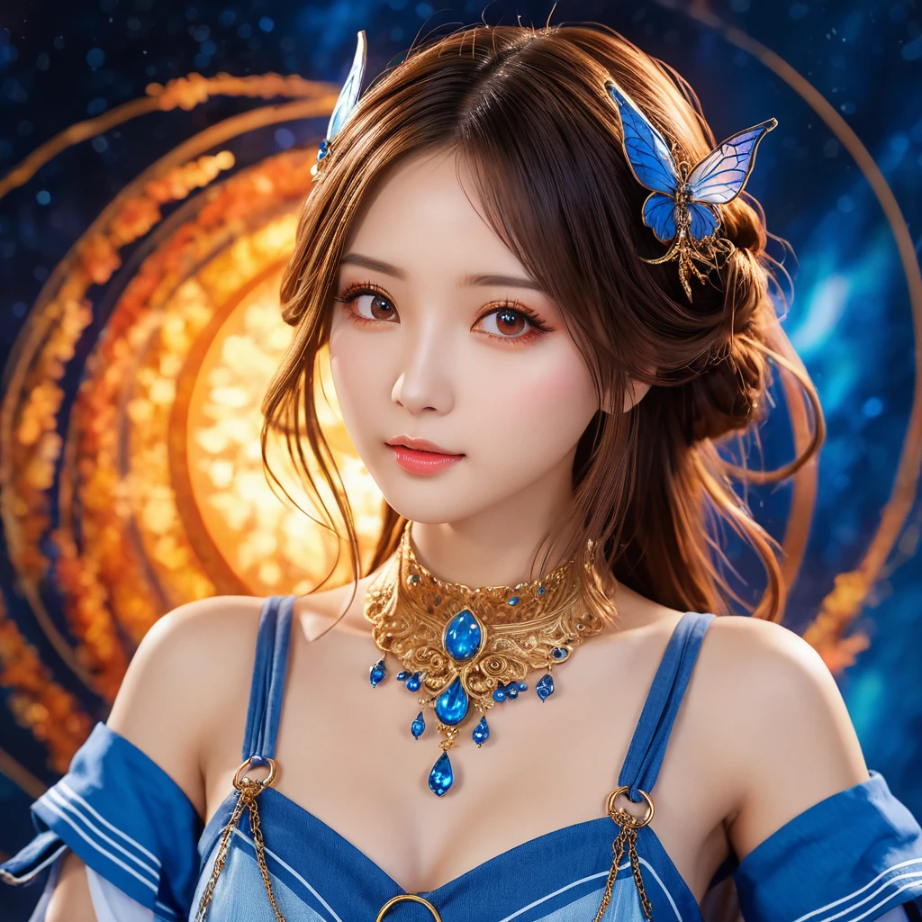 A breathtaking masterpiece! A stunning anime-style wallpaper featuring a serene and enchanting scene. Against a dark blue background, a beautiful face with intricate details and subtle menderita-like makeup gazes directly at the viewer. Chains adorning her neck glint softly under studio lighting, casting a warm glow on her porcelain skin.

In the distance, a majestic nebula swirls in shades of bright orange and blue, its tendrils twisting around an ethereal, watery vortex. The colors are vivid and vibrant, with no compromise on quality - this is an 8K masterpiece after all! Physically-based rendering and sharp focus ensure that every detail is meticulously rendered, from the delicate eyelashes to the intricate textures of her clothing.

The overall composition exudes a sense of calmness and wonder, inviting the viewer to step into this fantastical realm. With anime-style flair and SIMPLEPOSITIVEXLV2 quality, this digital artwork embodies the perfect blend of beauty, magic, and awe.