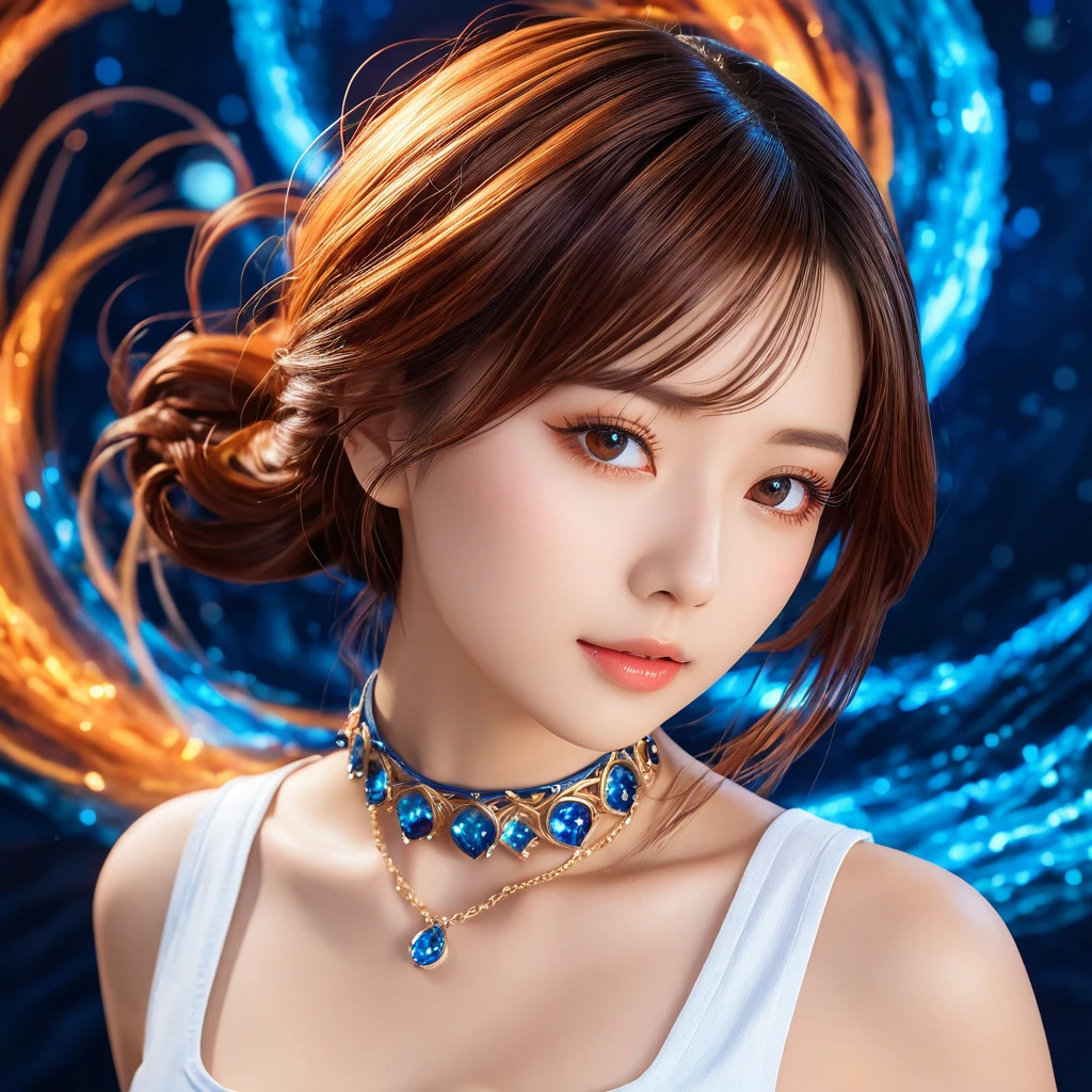 A breathtaking masterpiece! A stunning anime-style wallpaper featuring a serene and enchanting scene. Against a dark blue background, a beautiful face with intricate details and subtle menderita-like makeup gazes directly at the viewer. Chains adorning her neck glint softly under studio lighting, casting a warm glow on her porcelain skin.

In the distance, a majestic nebula swirls in shades of bright orange and blue, its tendrils twisting around an ethereal, watery vortex. The colors are vivid and vibrant, with no compromise on quality - this is an 8K masterpiece after all! Physically-based rendering and sharp focus ensure that every detail is meticulously rendered, from the delicate eyelashes to the intricate textures of her clothing.

The overall composition exudes a sense of calmness and wonder, inviting the viewer to step into this fantastical realm. With anime-style flair and SIMPLEPOSITIVEXLV2 quality, this digital artwork embodies the perfect blend of beauty, magic, and awe.