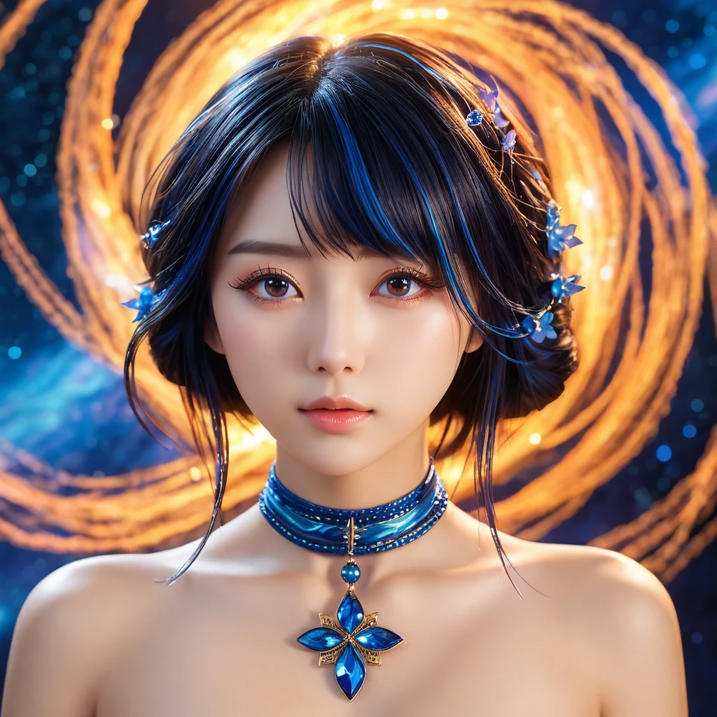 A breathtaking masterpiece! A stunning anime-style wallpaper featuring a serene and enchanting scene. Against a dark blue background, a beautiful face with intricate details and subtle menderita-like makeup gazes directly at the viewer. Chains adorning her neck glint softly under studio lighting, casting a warm glow on her porcelain skin.

In the distance, a majestic nebula swirls in shades of bright orange and blue, its tendrils twisting around an ethereal, watery vortex. The colors are vivid and vibrant, with no compromise on quality - this is an 8K masterpiece after all! Physically-based rendering and sharp focus ensure that every detail is meticulously rendered, from the delicate eyelashes to the intricate textures of her clothing.

The overall composition exudes a sense of calmness and wonder, inviting the viewer to step into this fantastical realm. With anime-style flair and SIMPLEPOSITIVEXLV2 quality, this digital artwork embodies the perfect blend of beauty, magic, and awe.