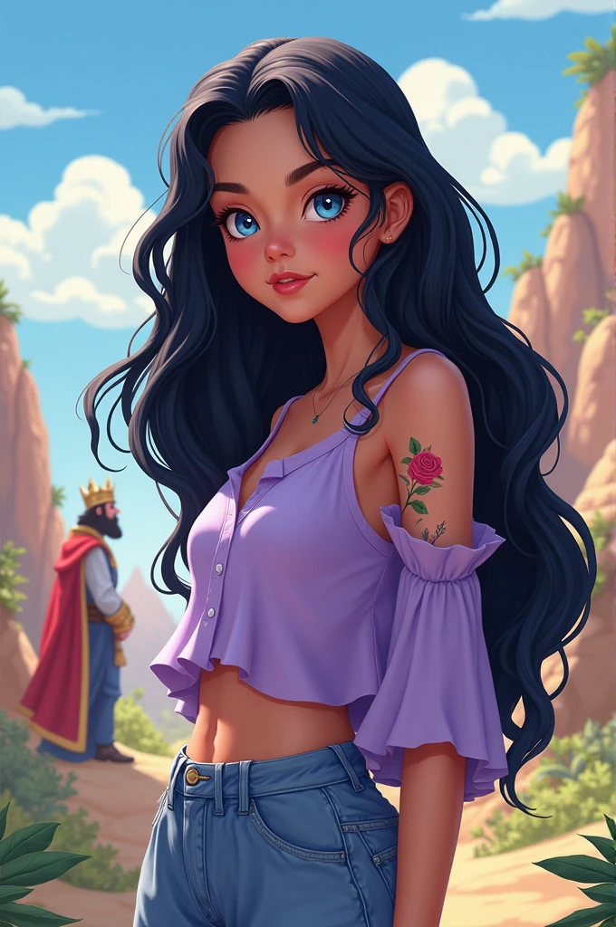 Girl, beautiful, by the wide, black hair, blue eyes, a tattoo of a rose on the arm, light purple blouse, king, baggy pants,
cartoon style.