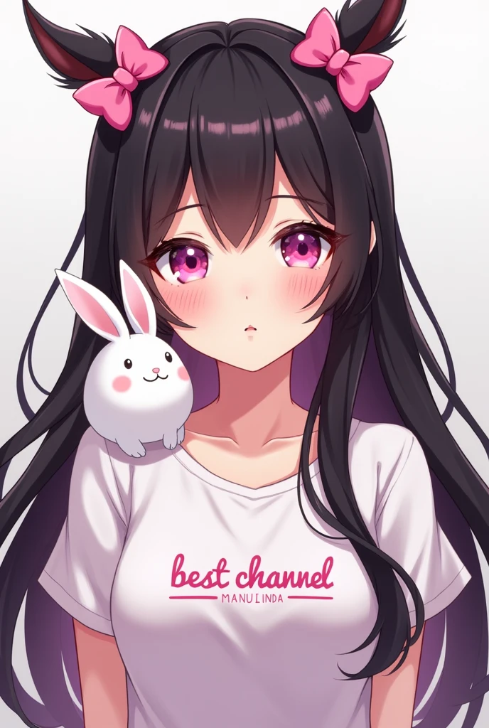 anime with long black hair, with 2 pink bows on the head, pink details, with a fluffy white rabbit on his shoulder, written on the shirt in Brazilian Portuguese best channel, and below the channel of the best writing Manulinda