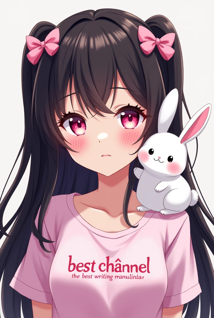 anime with long black hair, with 2 pink bows on the head, pink details, with a fluffy white rabbit on his shoulder, written on the shirt in Brazilian Portuguese best channel, and below the channel of the best writing Manulinda