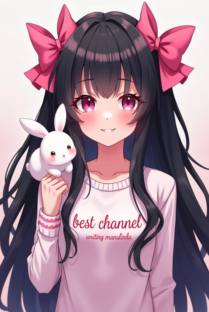 anime with long black hair, with 2 pink bows on the head, pink details, with a fluffy white rabbit on his shoulder, written on the shirt in Brazilian Portuguese best channel, and below the channel of the best writing Manulinda