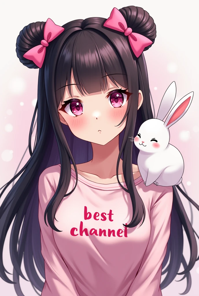 anime with long black hair, with 2 pink bows on the head, pink details, with a fluffy white rabbit on his shoulder, written on the shirt in Brazilian Portuguese best channel, and below the channel of the best writing Manulinda