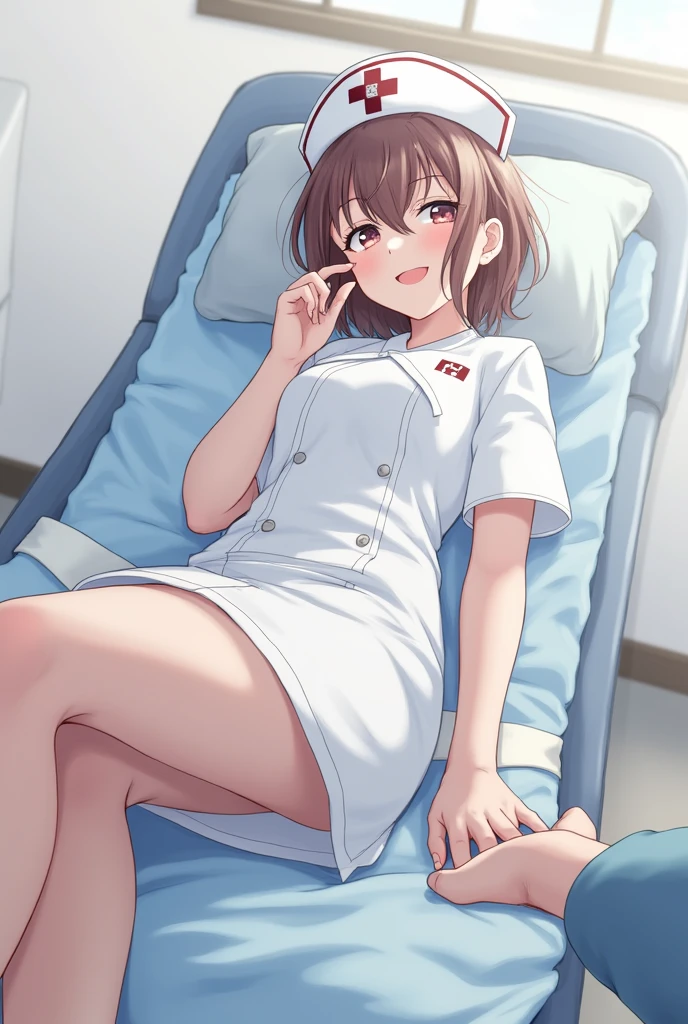 1girl,yo,,on bed,nurse hat,nurse costume,miniskirt