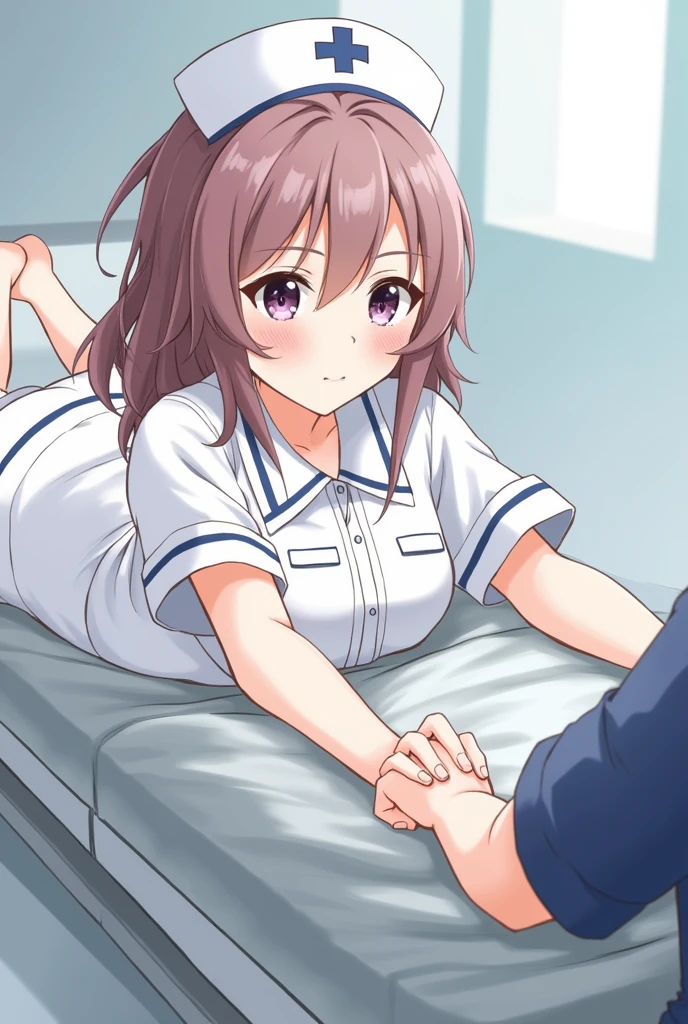 クリエイティブスタイルのアートワーク, 青い髪が短いこと. a nurse holds a patient's hand as she lays on an examination table, 1girl, solo, nurse, hat, realistic, nurse cap, looking at viewer