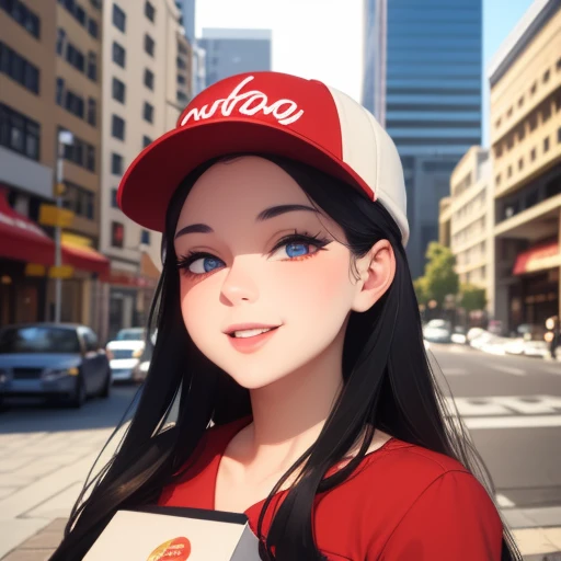 a beautiful young pizza delivery girl, 1girl, detailed facial features, red cap, beautiful eyes, detailed lips, long eyelashes, smiling, holding pizza box, outdoor urban setting, city street, skyscraper buildings, warm sunlight, photorealistic, 8k, highly detailed, masterpiece