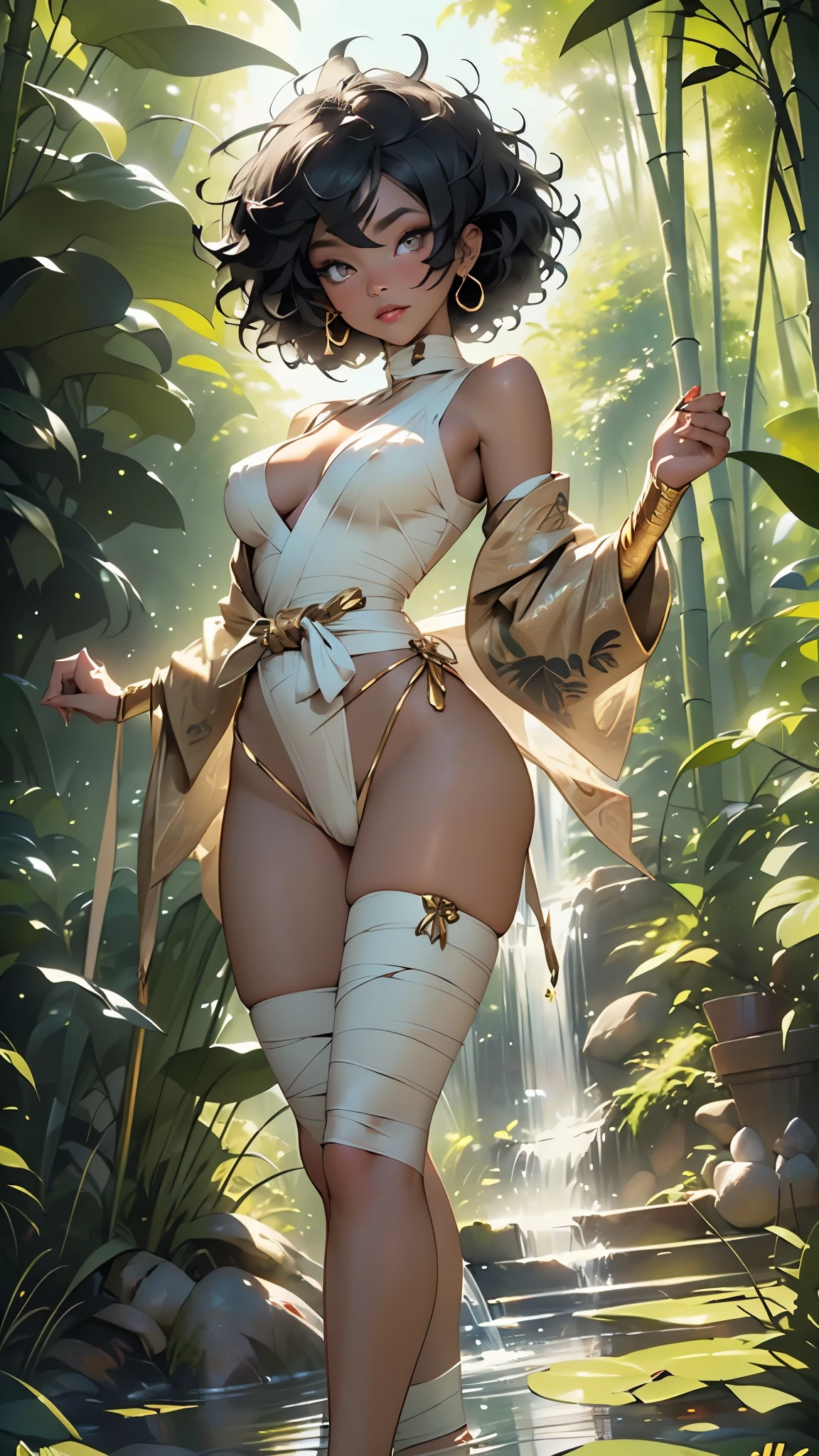 A young monk girl with african features, riding a animal, lovely charming face, having white citrine skin tone pigmenting texture , ( full body perfect detailed masterpiece), ( dark skin tone texture masterpiece ), ( native Tribal hairstyles look), ( having a illuminating white citrine crystalized wavy short hair ), ( has a artistic tattoos ),(( wearing hoodie of monk design)), (smiling, with exposed teeths showing open mouth)(perfect full body detailed anatomy), (Super accessories detailed), (fighting pose), (perfect detailed crystal Gray sparkling eyes),(wearing illuminating gemstone crystalized accessories hair), ((expose big hard erect nipples))(( exposed panty, with pussy clitoris exposed and slip showing))((legs wide open showing pussy line))(( Wearing transparent illuminating see thru monk costume )), (( wearing gauntlet, fist gloves)), (( illuminating different lights covering the sorrounding atmosphere forest with a misty shadow effects showing)) ruins back temples with many flora and fona rarity, on its back wearing monk cape detailed design, has deadly presence, ((having 7 different perspective view of that same girl & face profile sheet character style ))