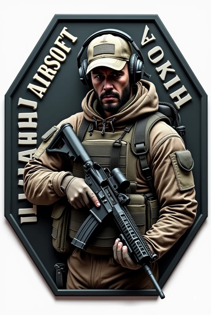 Create Hexagonal Rubber Patch, military coat of arms with an assault operator carrying an m4 rifle wearing a cap and headphones in the center and the name Lukinha Airsoft