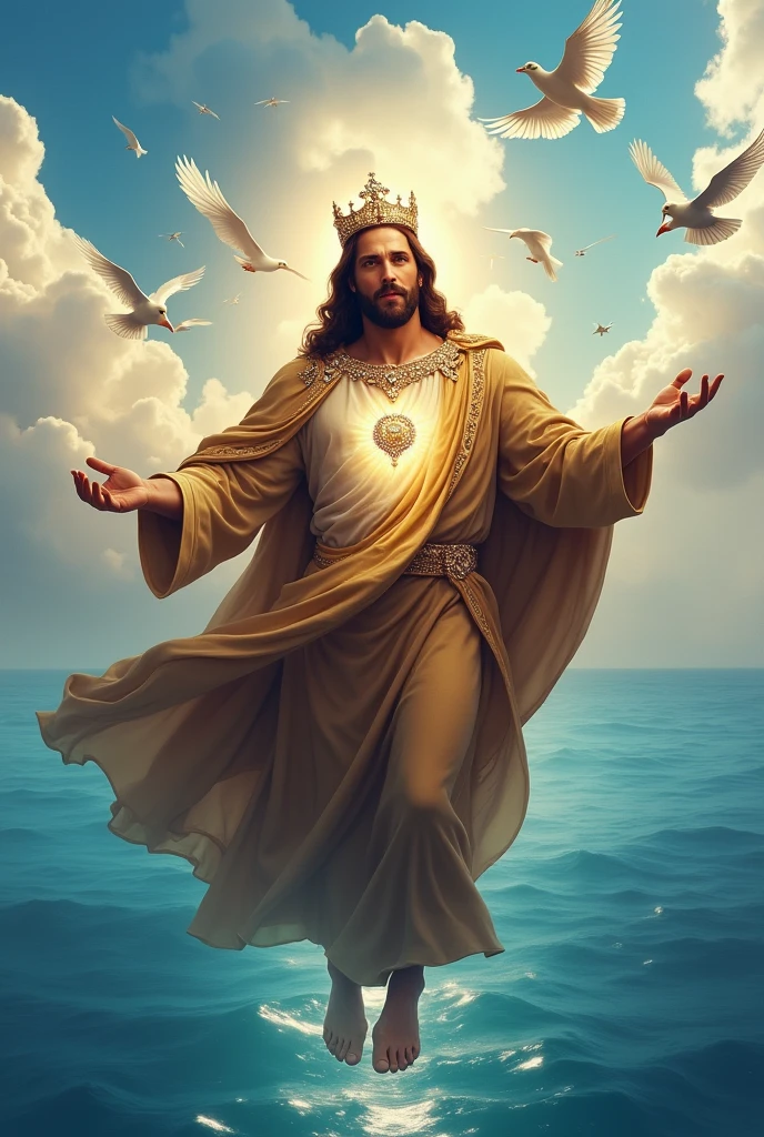 (photorealism:1.2), handsome Jesus Christ, his feet is visible to see that floating above the blue water of the sea, wearing the brown color of King elegant clothes with many diamonds and crown sparkling with light, the head and heart lighting all over, focus on face looking at the camera, nice hair, outdoors, feet finger is five, bright lighting, so many clouds and blue sea water in the background, so many clouds and dove all over, cozy blue sea, relaxed pose, realistic, intricate details, bright colors,