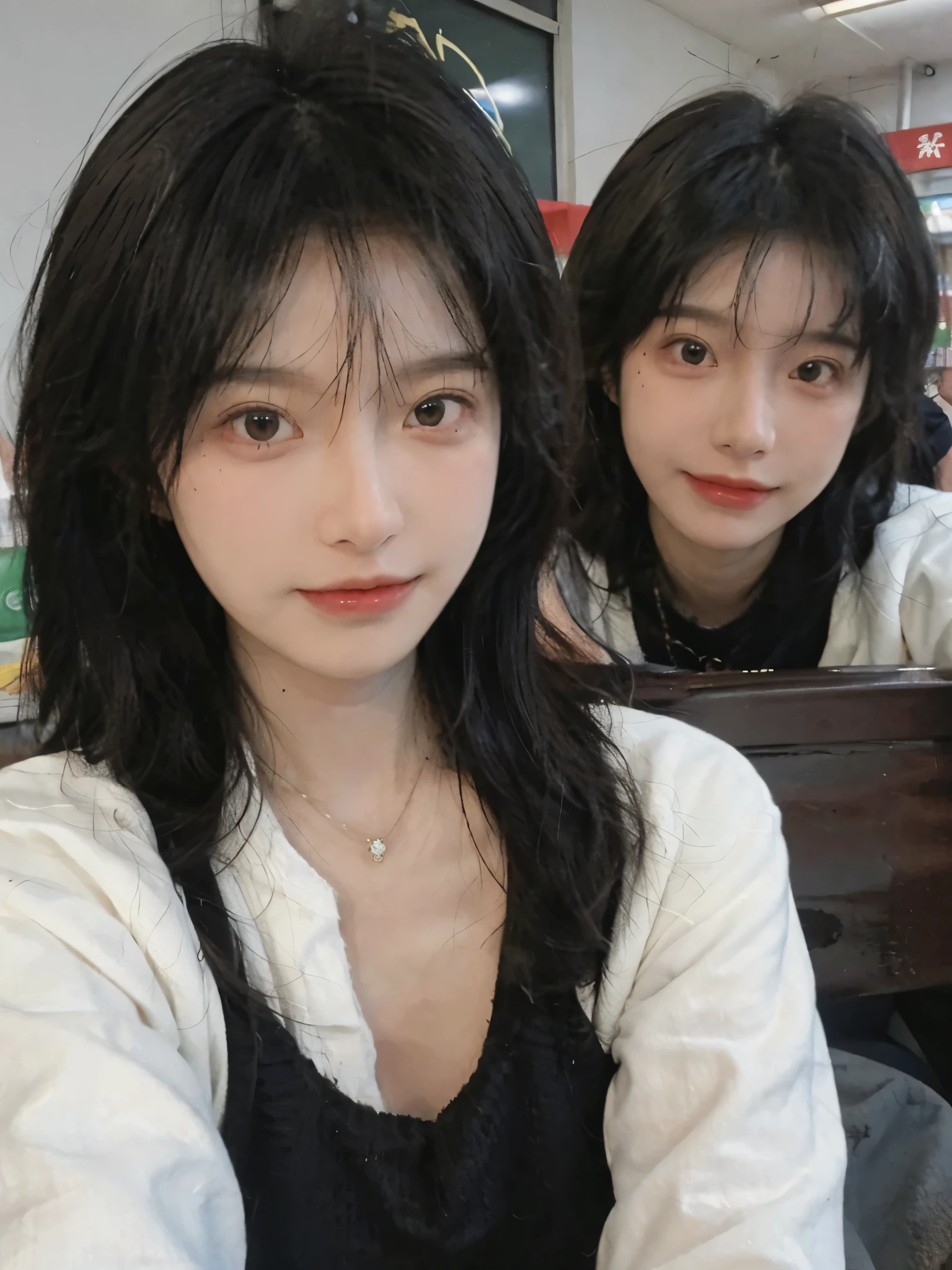 Best quality，Ultra-high resolution,(Realism:1.4)，cute，cute发夹，girll,Cropped black sweater，Look directly at the audience，Full of atmosphere，Beautiful woman with a slim figure:1.4，supermarket，whole body，Super delicate face，Exquisite eyes，Double eyelids，necklace