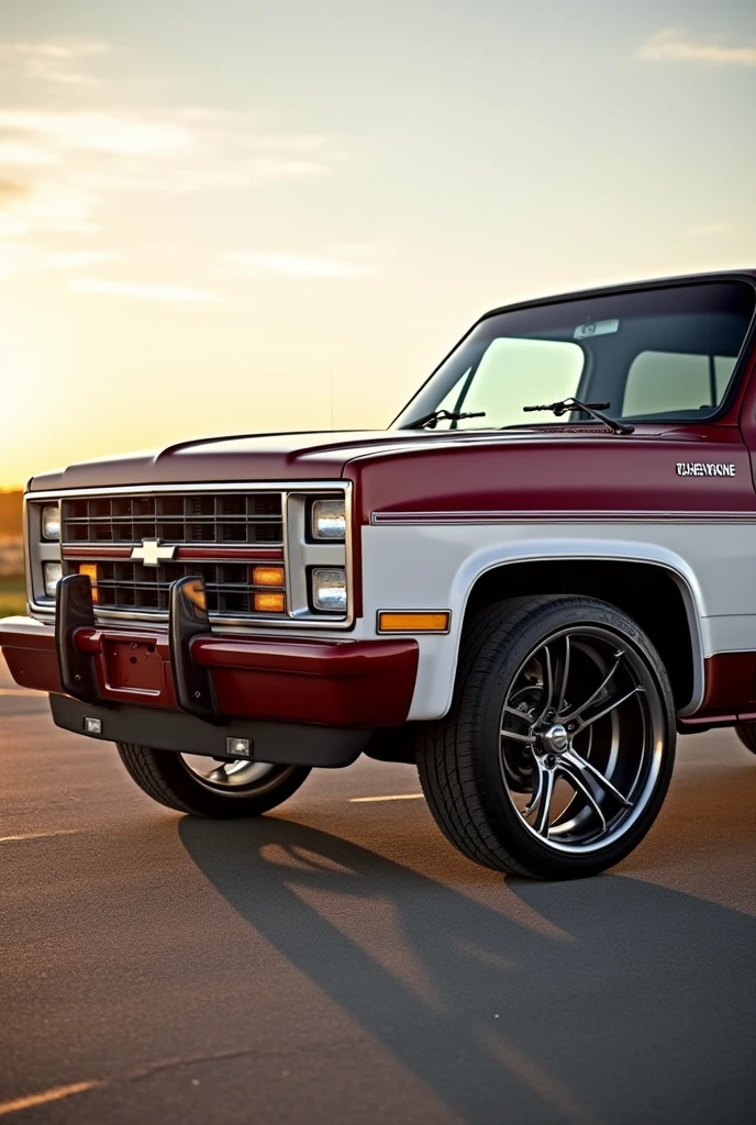 Tuning of a 1984 Cheyenne truck with a wine red canopy with white details
