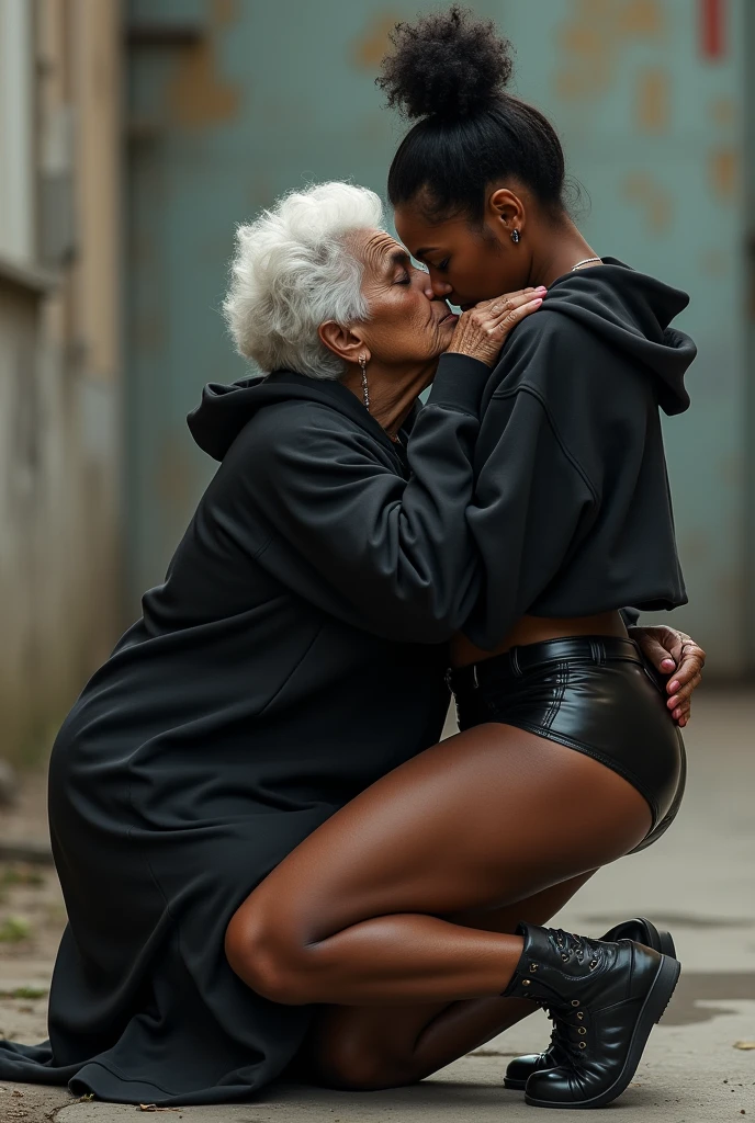 black woman hair in a bun black hoodie   black leather short shorts   a old grandma in a dress on her knees kissing her ass behind her squeezing her butt