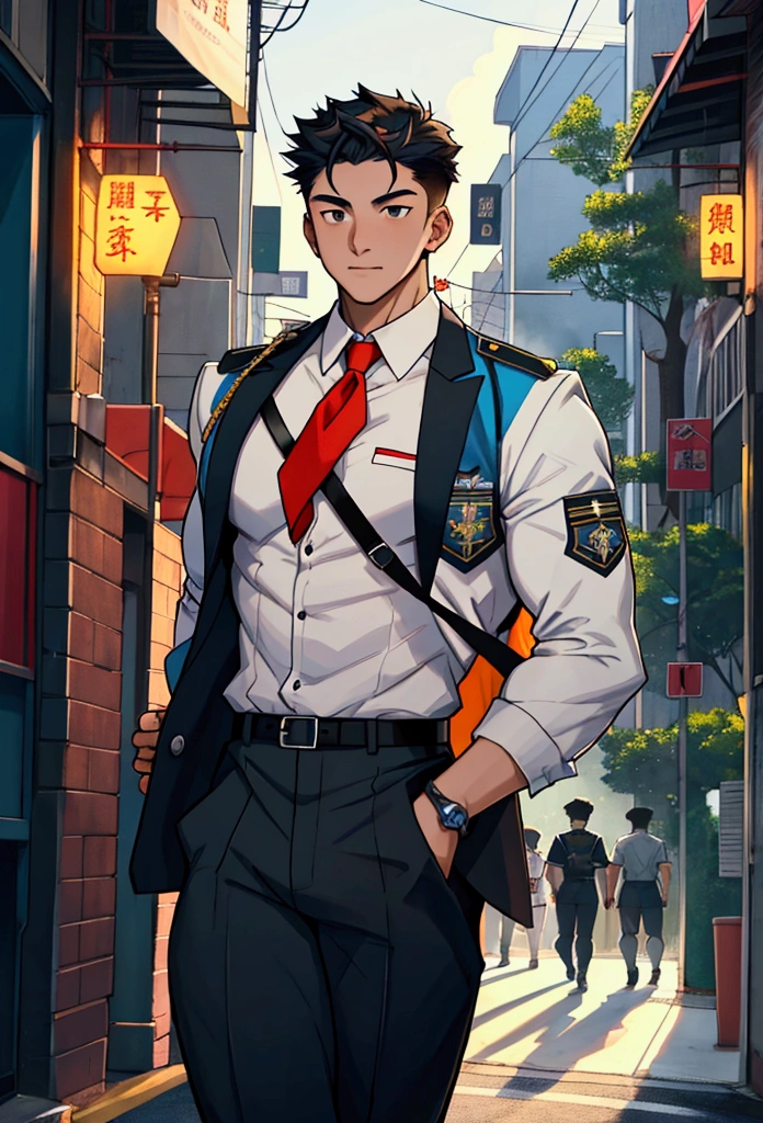 A high school boy returning from club activities、Large muscular body、Midsummer、uniform、City roads、Highest quality、Perfect Face