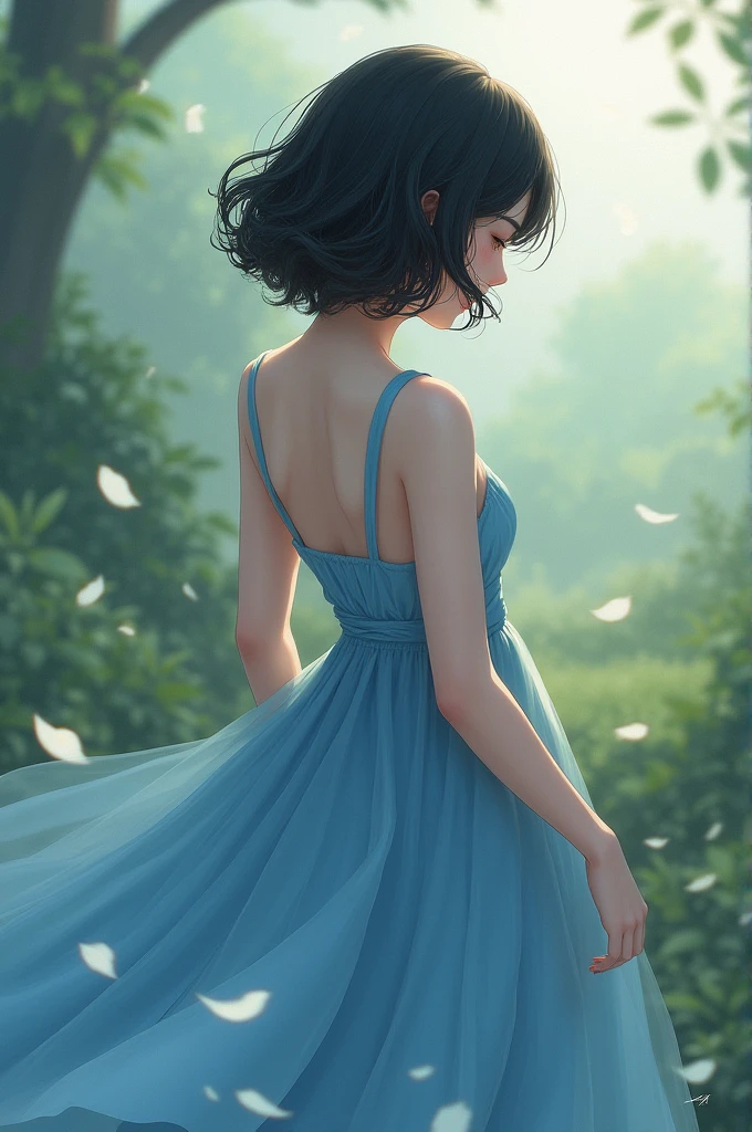 Girl with her back turned with short hair and blue dress 