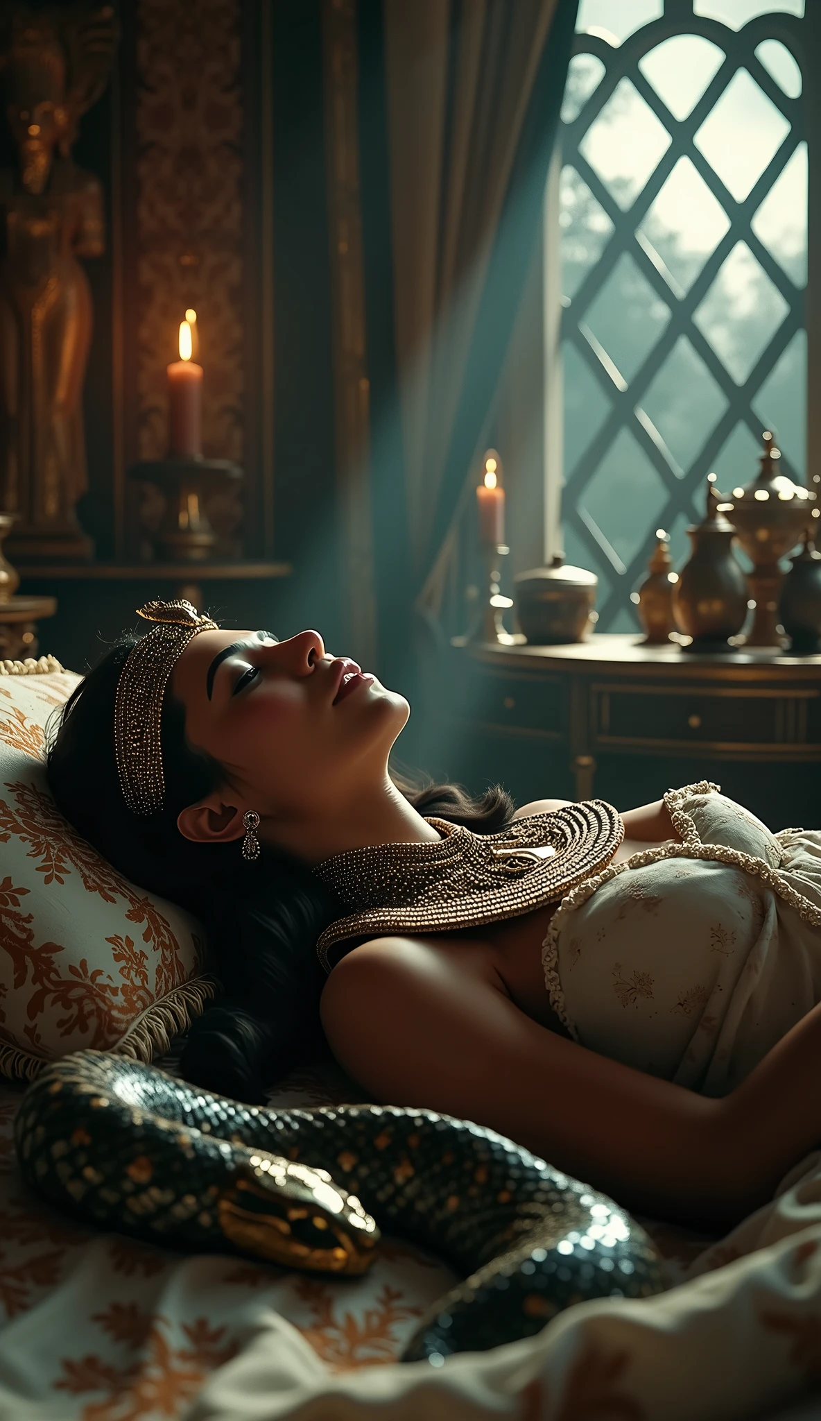 Close-up shot, Low angle shot, (A dimly lit, opulent chamber with a large, lavish bed draped in fine silks and gold. Cleopatra lies on the bed, her face peaceful as the serpent approaches her. The room is filled with ancient Egyptian décor: statues, incense burners, and a table with intricate vials and jars. Moonlight streams through a lattice window, casting a soft glow over the scene.) unreal engine, cinematic, hyper-real, highly detailed, Ultra realistic HD --q 2 --v 6.1 --ar 9:16  