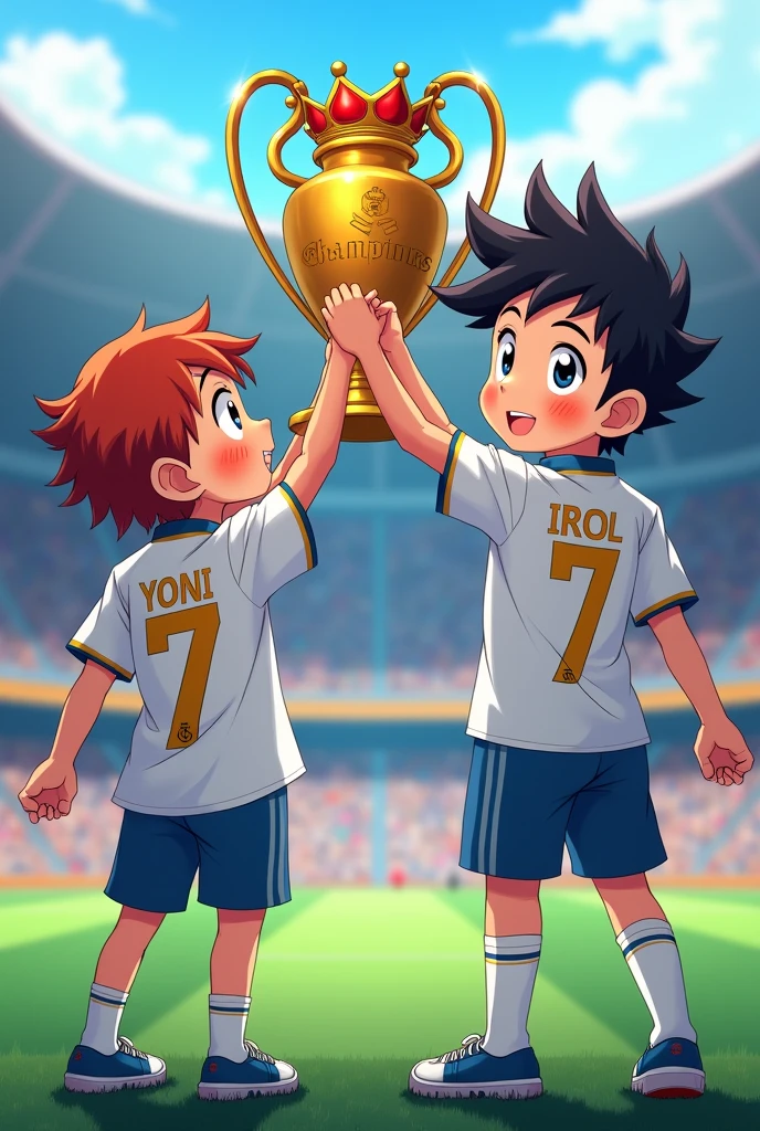 An image of a boy and a girl wearing the Real Madrid shirt in the stadium with the Champions Cup called Yoni and Irel with the number 7 on their backs, anime version