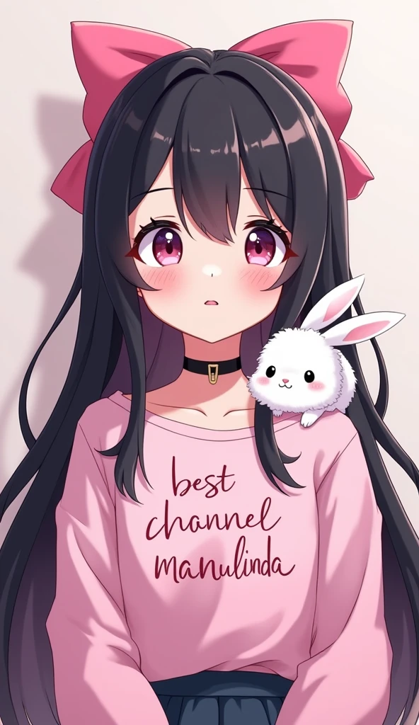 anime with long black hair, with 2 pink bows on the head, pink details, with a fluffy white rabbit on his shoulder, written on the shirt in Brazilian Portuguese best channel, and below the channel of the best writing Manulinda