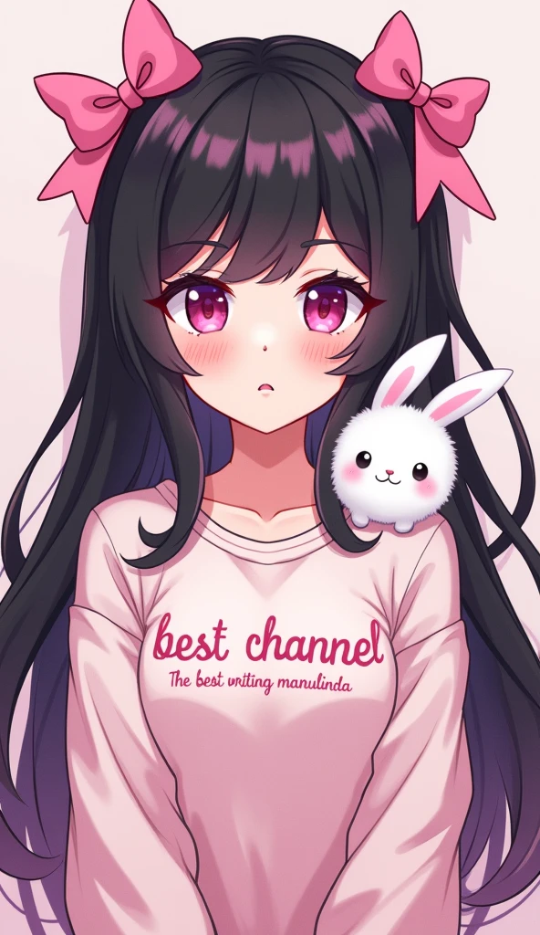 anime with long black hair, with 2 pink bows on the head, pink details, with a fluffy white rabbit on his shoulder, written on the shirt in Brazilian Portuguese best channel, and below the channel of the best writing Manulinda