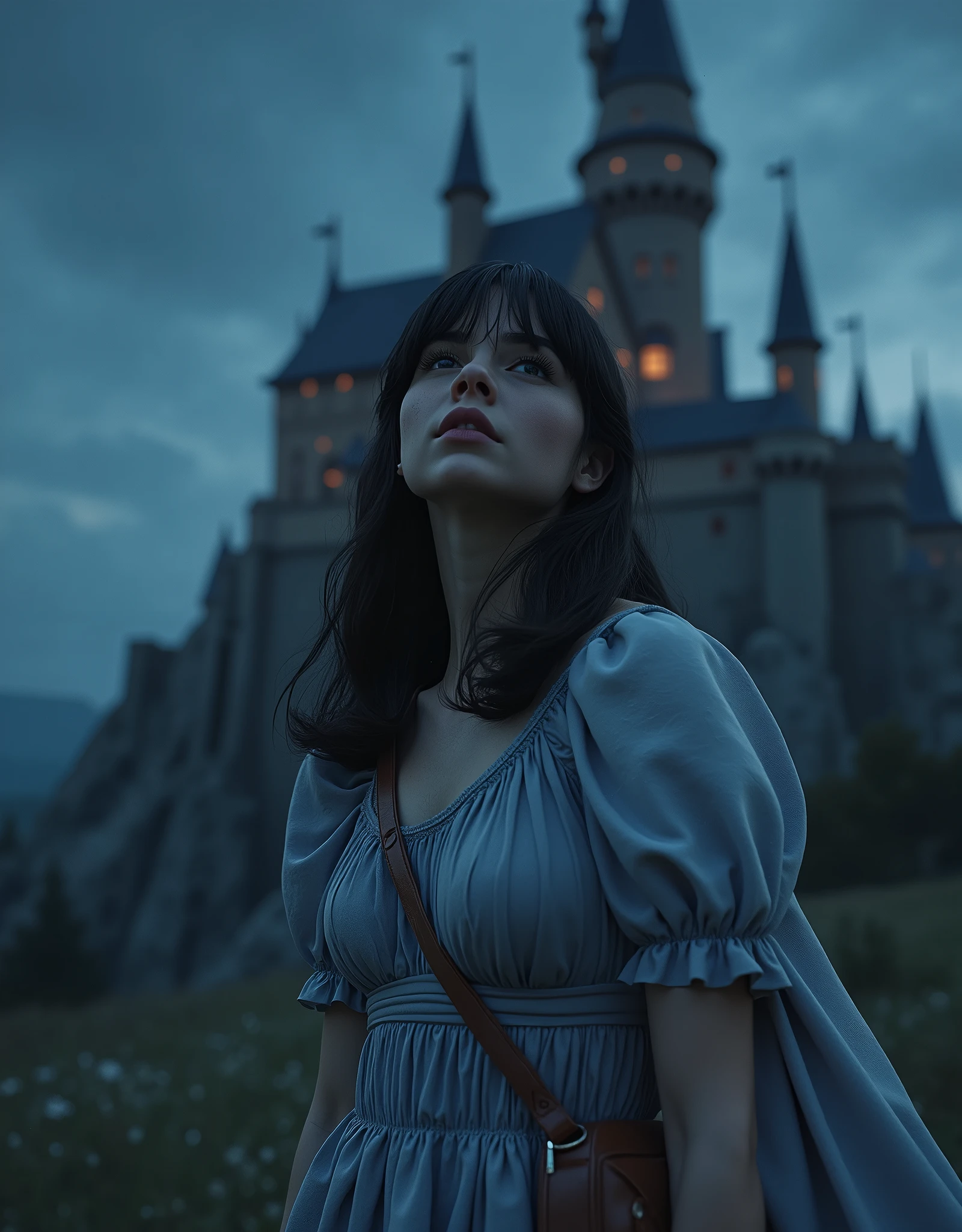 a girl standing alone in front of a castle at night, beautiful detailed eyes, beautiful detailed lips, extremely detailed eyes and face, long eyelashes, y short sleeves, cape, bag, night sky, castle, 1girl, standing, solo, full body, maribe, (best quality,4k,8k,highres,masterpiece:1.2),ultra-detailed,(realistic,photorealistic,photo-realistic:1.37),fantasy,cinematic lighting,dramatic lighting,moody,atmospheric,dramatic