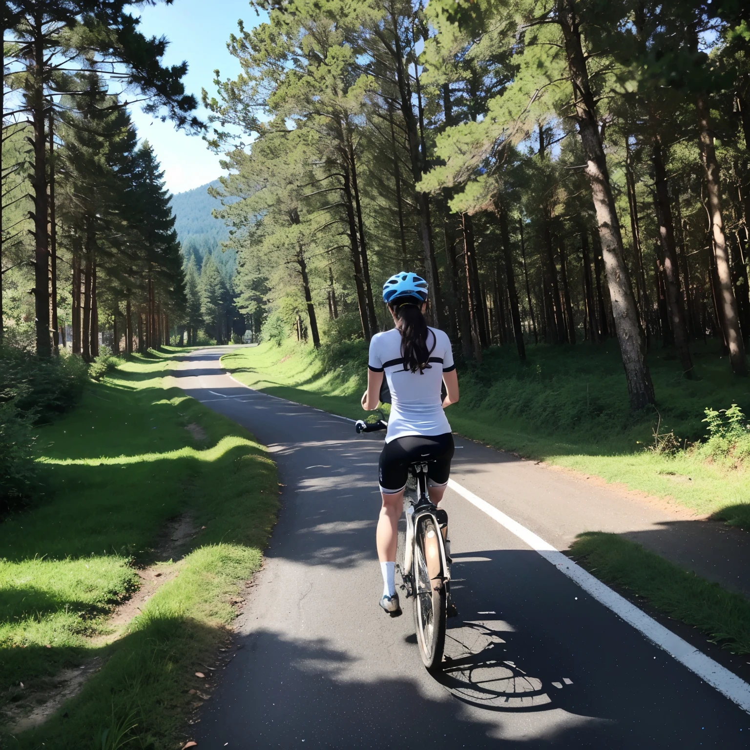 (bicycle: 1.5), (realistic bicycle: 1.5), (realistic cyclist: 1.5), Cyclist back in the foreground, lofi landscape, nature, sun, forest, Clear, evil, background landscape, darkness, contrast, Makoto Shinkai (Best Quality:1.3), (alta resunución:1) Studio Ghibli Style Art, vibrant colors, Impressionism