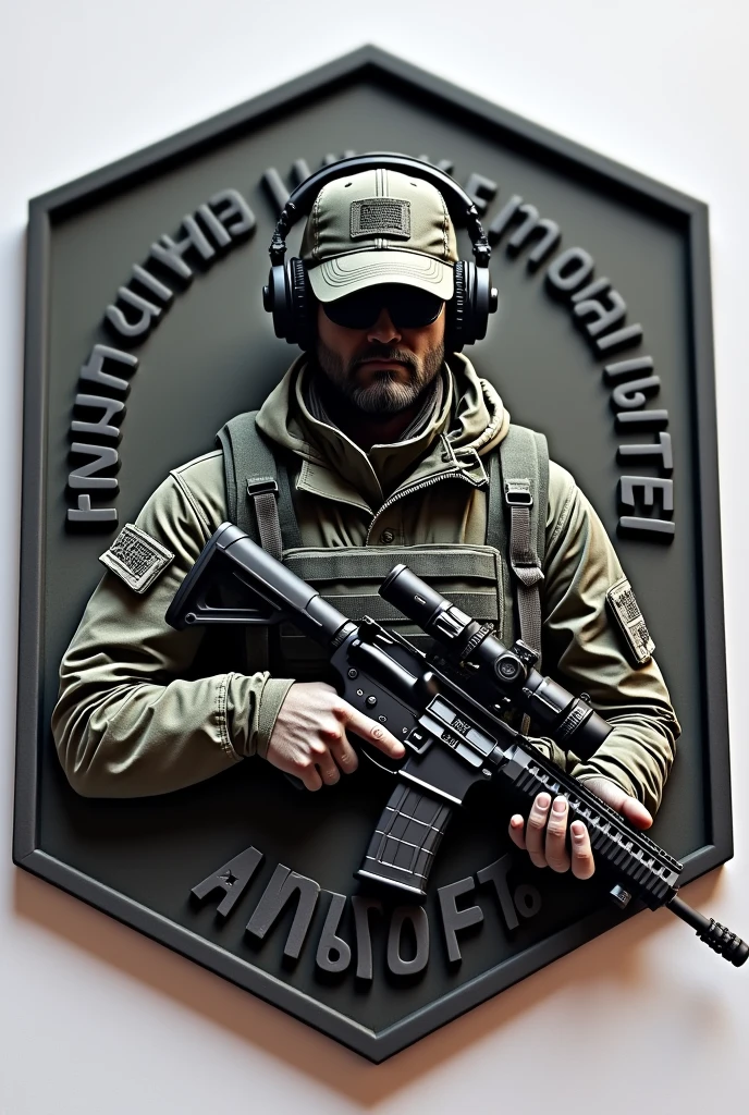 Create Hexagonal Rubber Patch, military coat of arms with an assault operator carrying an m4 rifle wearing a cap and headphones in the center and the name Lukinha Airsoft