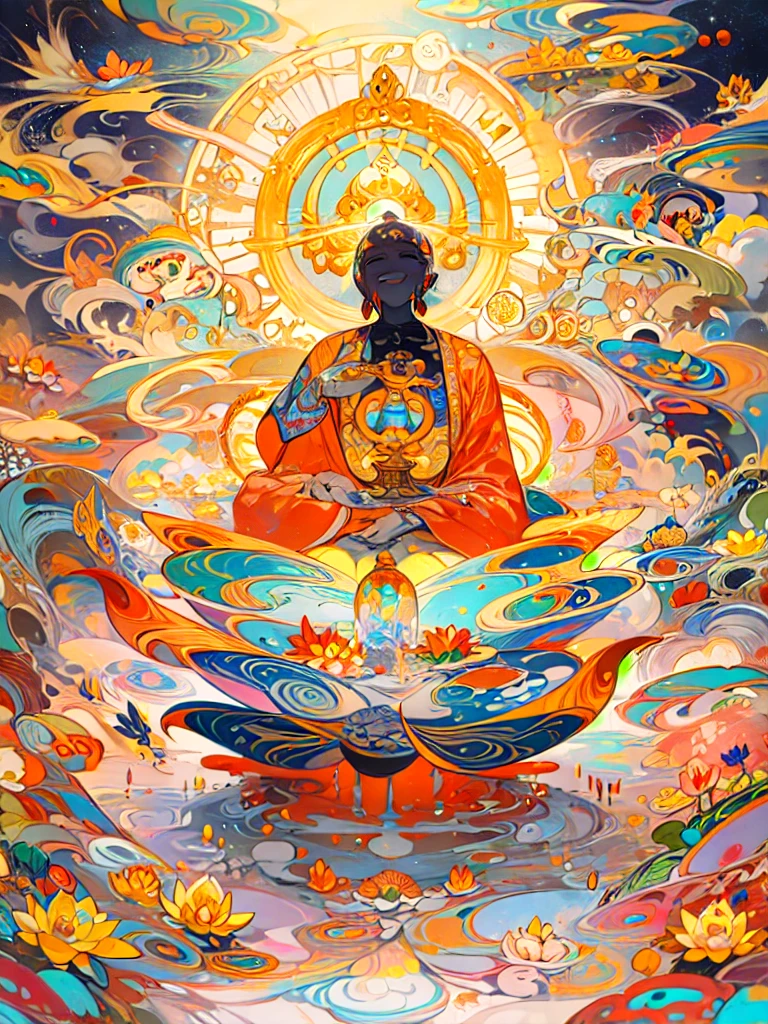 Amitabha is coming、Extremely colorful 、Paradise、love、mercy、Halo、Smile、Lotus flower、Nirvana、masterpiece, High resolution, Highest quality, High-quality、Golden phase、Black Hair