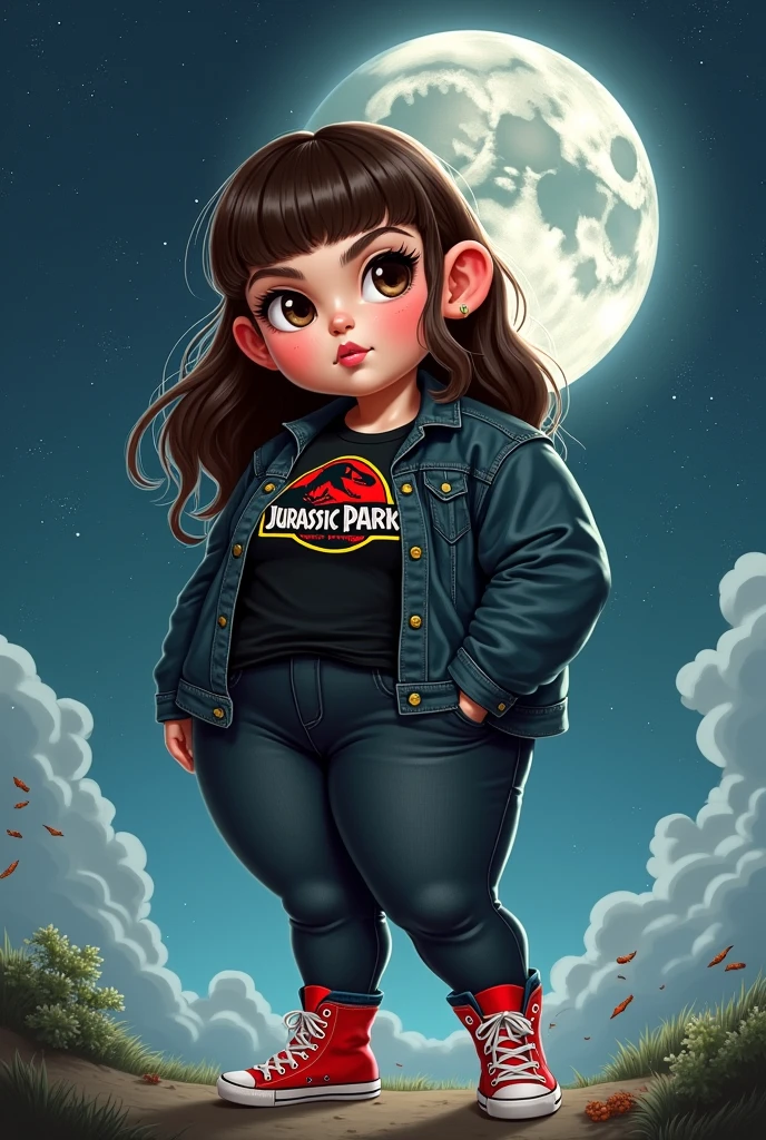 A girl, stocky build with wide legs, small ears light complexion, Wide nose, big brown eyes, Long layered hair down to the elbows and with curtain bangs. He wears a black Jurassic Park t-shirt, with a black denim jacket, black denim jeans, red boot converse. In the background the full moon on a starry night, caricature style