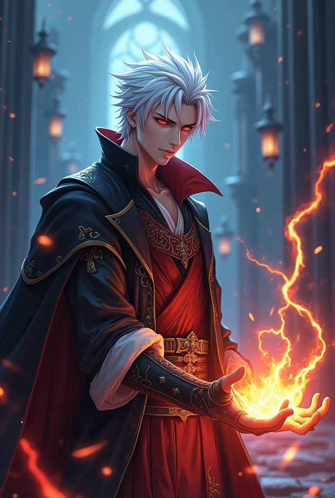 A male anime character with white hair ,powers of lightning and fire that was a murderous scoundrel with red eyes in the medieval era and stole people's power