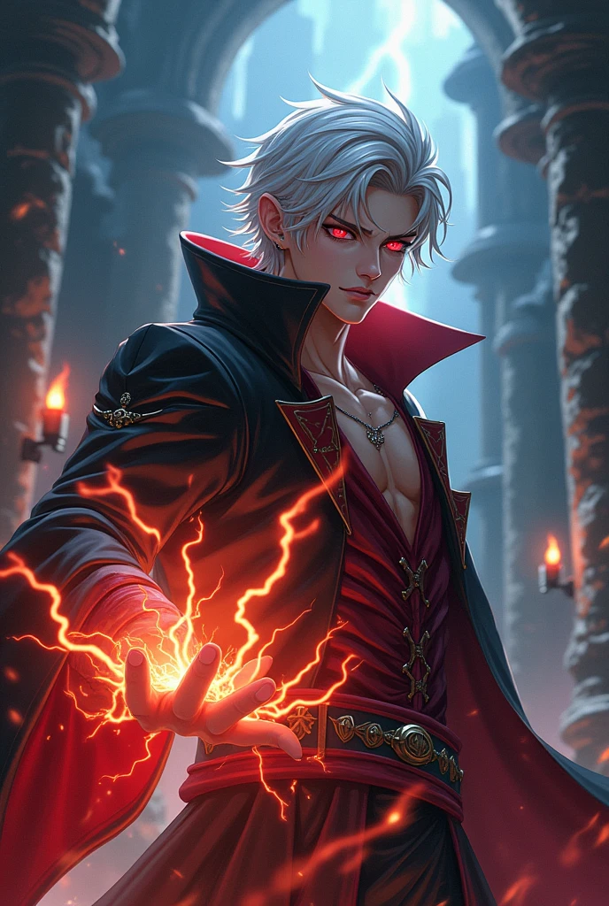 A male anime character with white hair ,powers of lightning and fire that was a murderous scoundrel with red eyes in the medieval era and stole people&#39;s power