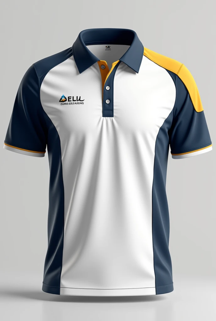make me an organizational polo shirt for our uniform. color white, navy blue, and super less mustard. put design, minimal graphics about civil engineering 