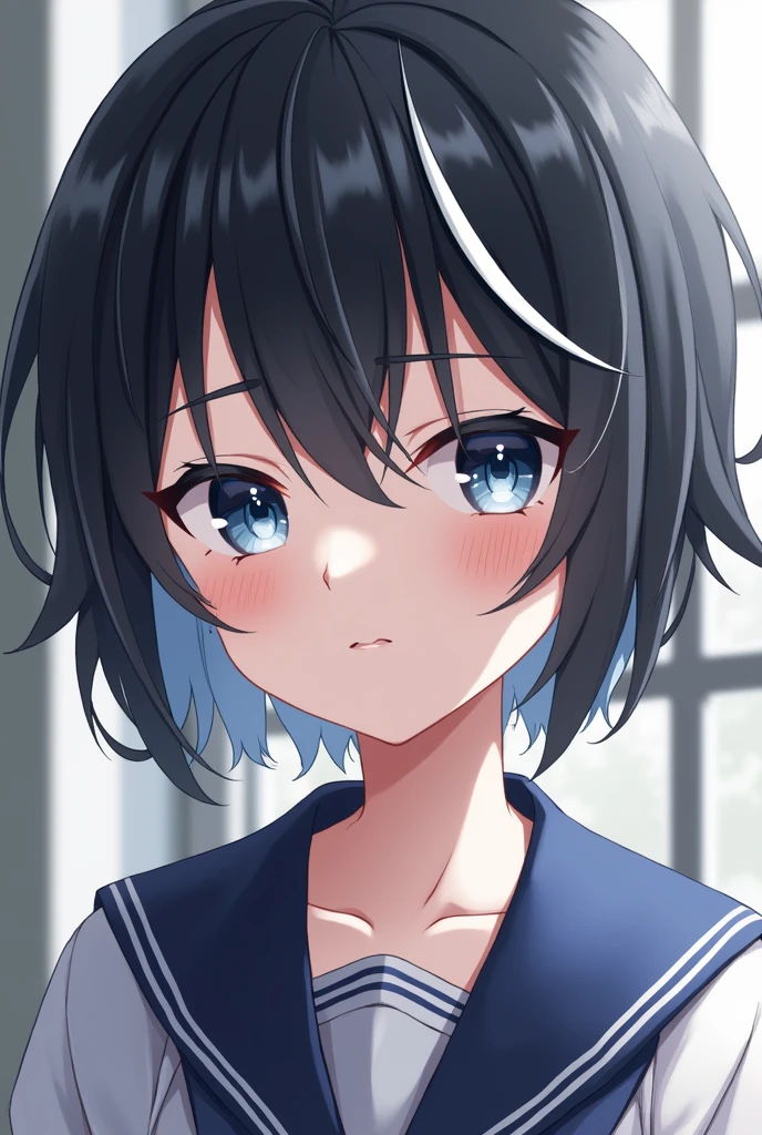 A femboy with a cute face,Black hair with white streaks, a little messy and short, and deep blue eyes, Wearing a Japan school uniform,blush