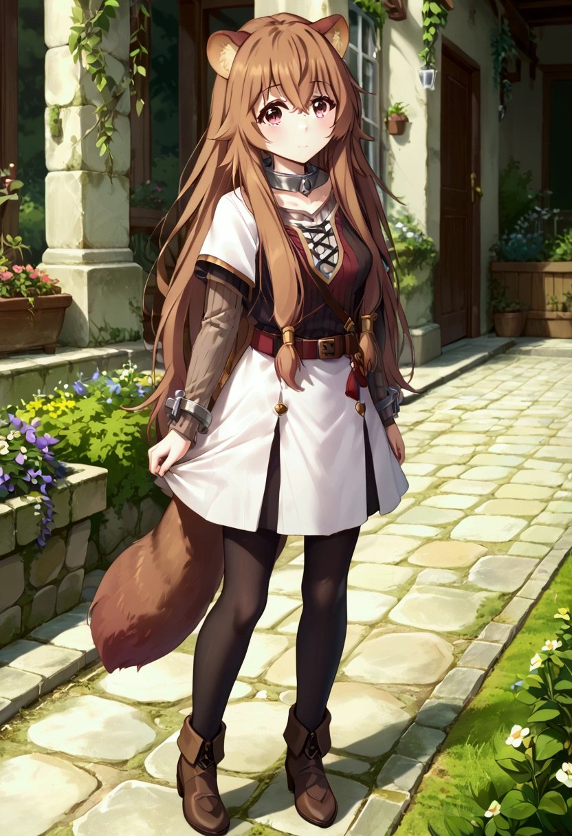 score_9,score_8, (((perfect face))), (medium breasts), focus breasts, full body view, {looking at viewer},(brown hair), (bangs), (long hair), (animal ears), (raccoon ears), (raccoon girl), (raccoon tail), 1girl, raphtalia, (pink eyes), (detailed eyes), (perfect Eyes), garden, outdoors, white capelet, striped shirt, long sleeves, belt, white skirt, black pantyhose