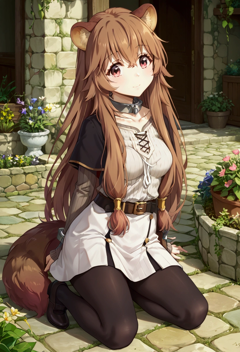  score_9,score_8,  (((perfect face))), (medium breasts), focus breasts, full body view, {looking at viewer},(brown hair), (bangs), (long hair), (animal ears), (raccoon ears), (raccoon girl), (raccoon tail), 1girl, raphtalia, (pink eyes), (detailed eyes), (perfect Eyes), garden, outdoors, white capelet, striped shirt, long sleeves, belt, white skirt, black pantyhose