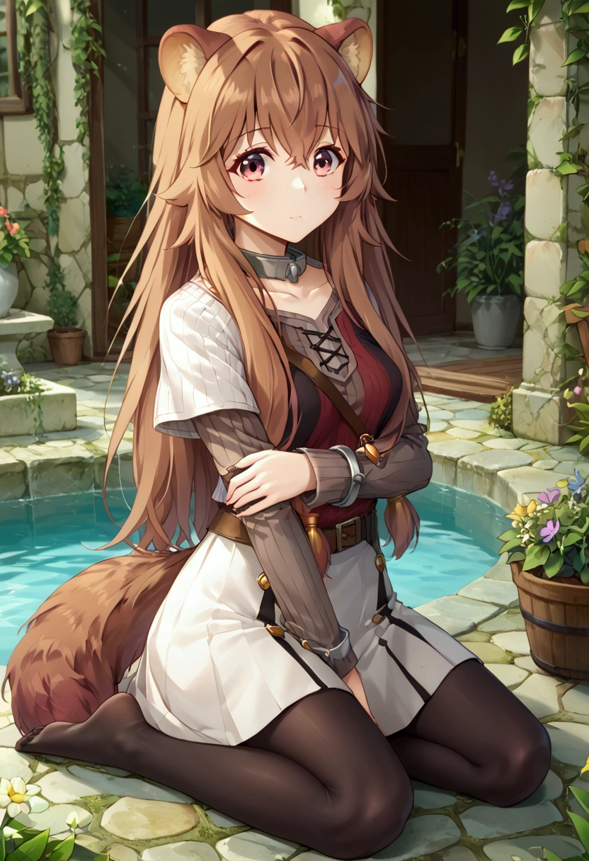  score_9,score_8,  (((perfect face))), (medium breasts), focus breasts, full body view, {looking at viewer},(brown hair), (bangs), (long hair), (animal ears), (raccoon ears), (raccoon girl), (raccoon tail), 1girl, raphtalia, (pink eyes), (detailed eyes), (perfect Eyes), garden, outdoors, white capelet, striped shirt, long sleeves, belt, white skirt, black pantyhose