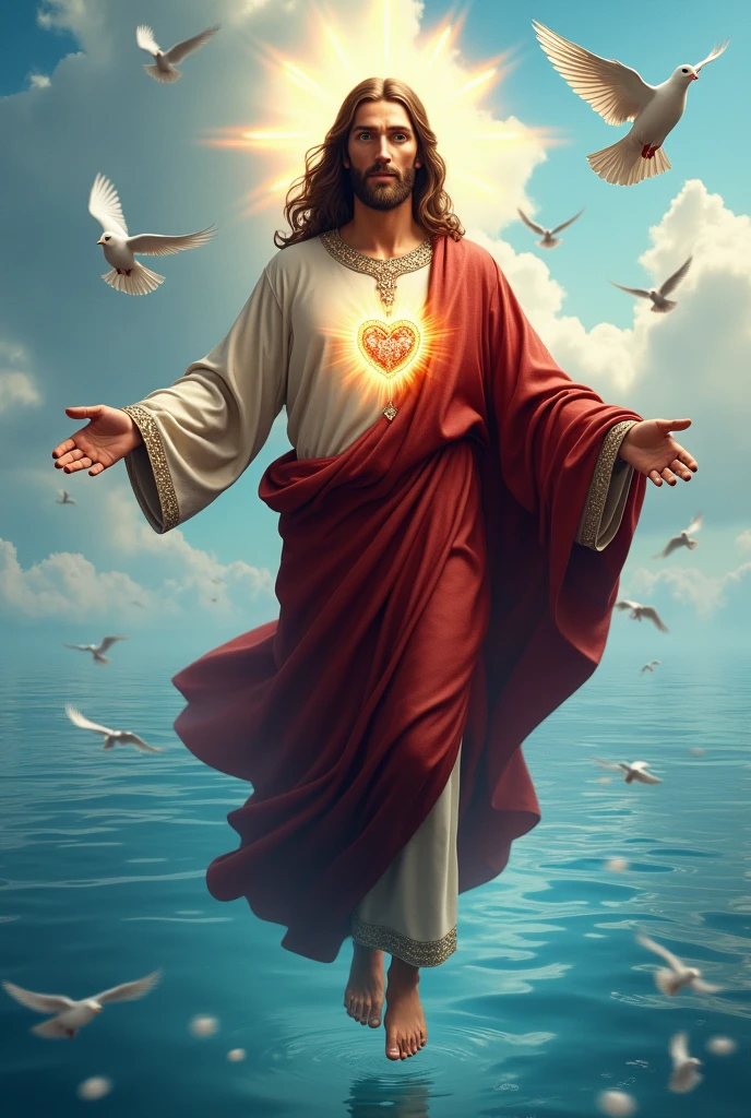 (photorealism:1.2), handsome Jesus Christ, his feet is visible to see that floating above the blue water of the sea, wearing the maroon color of King elegant clothes with many diamonds and crown sparkling with light, the head and heart lighting all over, focus on face looking at the camera, nice hair, outdoors, feet finger is five, bright lighting, so many clouds and blue sea water in the background, so many clouds and dove all over, cozy blue sea, relaxed pose, realistic, intricate details, bright colors,