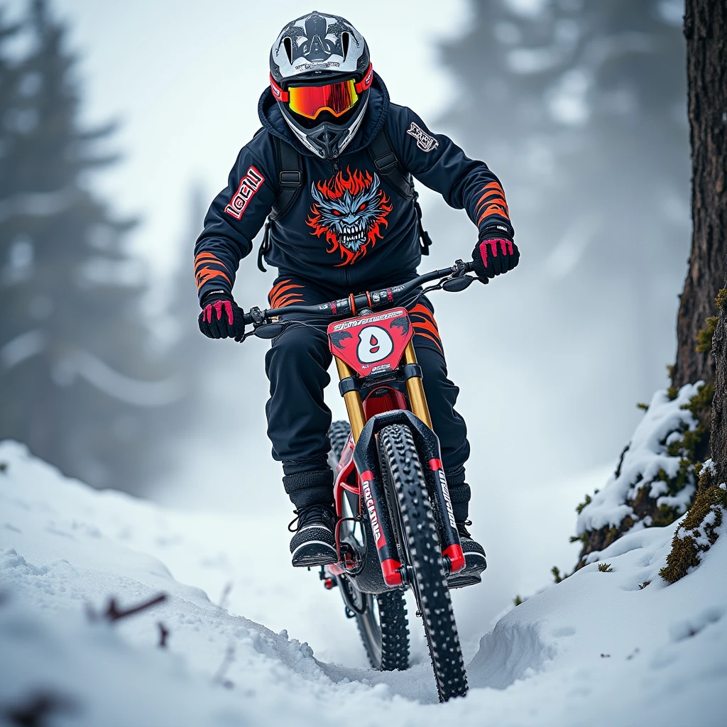 cree une photo d un pilote de vtt de descente de dos, on voit qu'il est pret a descendre une piste tres raide, sur le coline, il a sur son maillot derriere le nom Pisano avec, un visage d'un monstre en feu, c'est un vrai champion