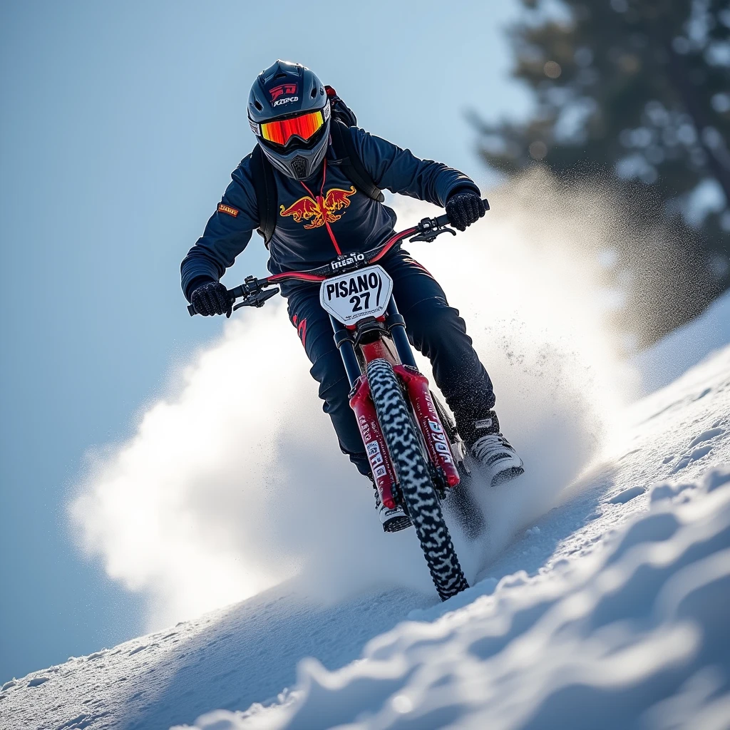 cree une photo d un pilote de vtt de descente de dos, on voit qu'il est pret a descendre une piste tres raide, sur le coline, il a sur son maillot derriere le nom Pisano avec, un visage d'un monstre en feu, c'est un vrai champion